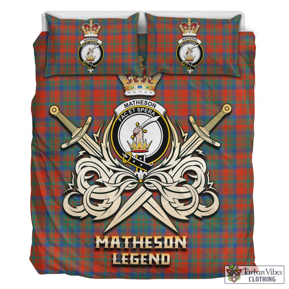 Tartan Vibes Clothing Matheson Ancient Tartan Bedding Set with Clan Crest and the Golden Sword of Courageous Legacy