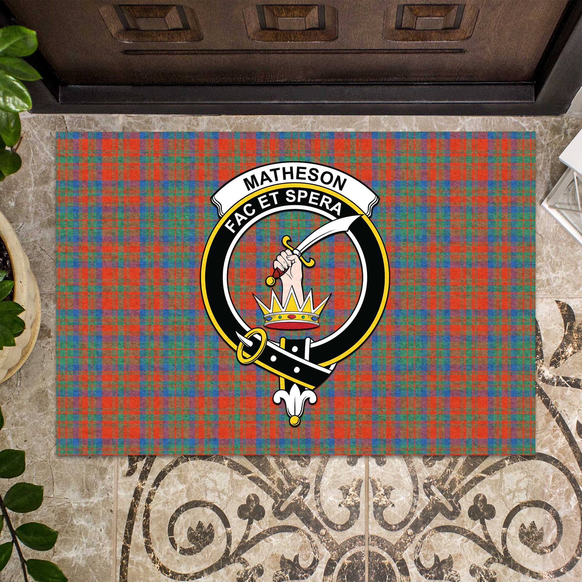 Matheson Ancient Tartan Door Mat with Family Crest - Tartanvibesclothing