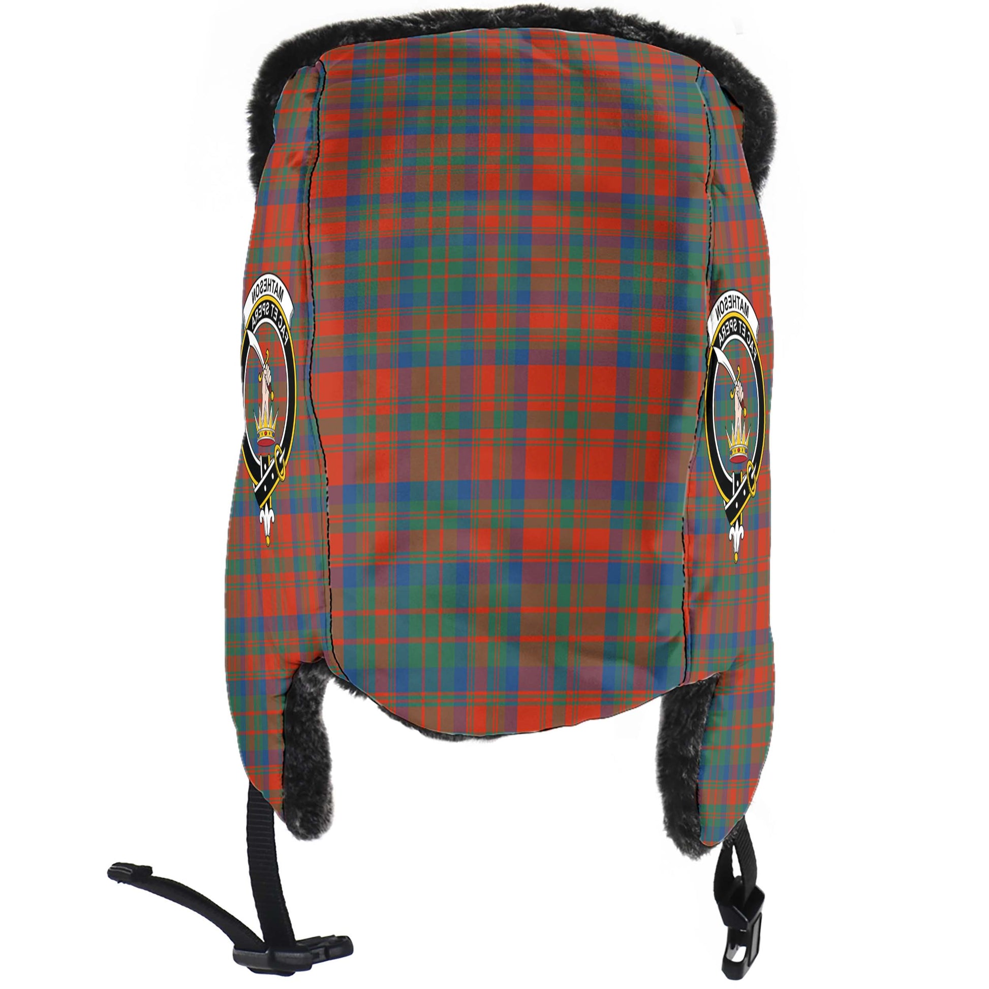 Matheson Ancient Tartan Winter Trapper Hat with Family Crest - Tartanvibesclothing