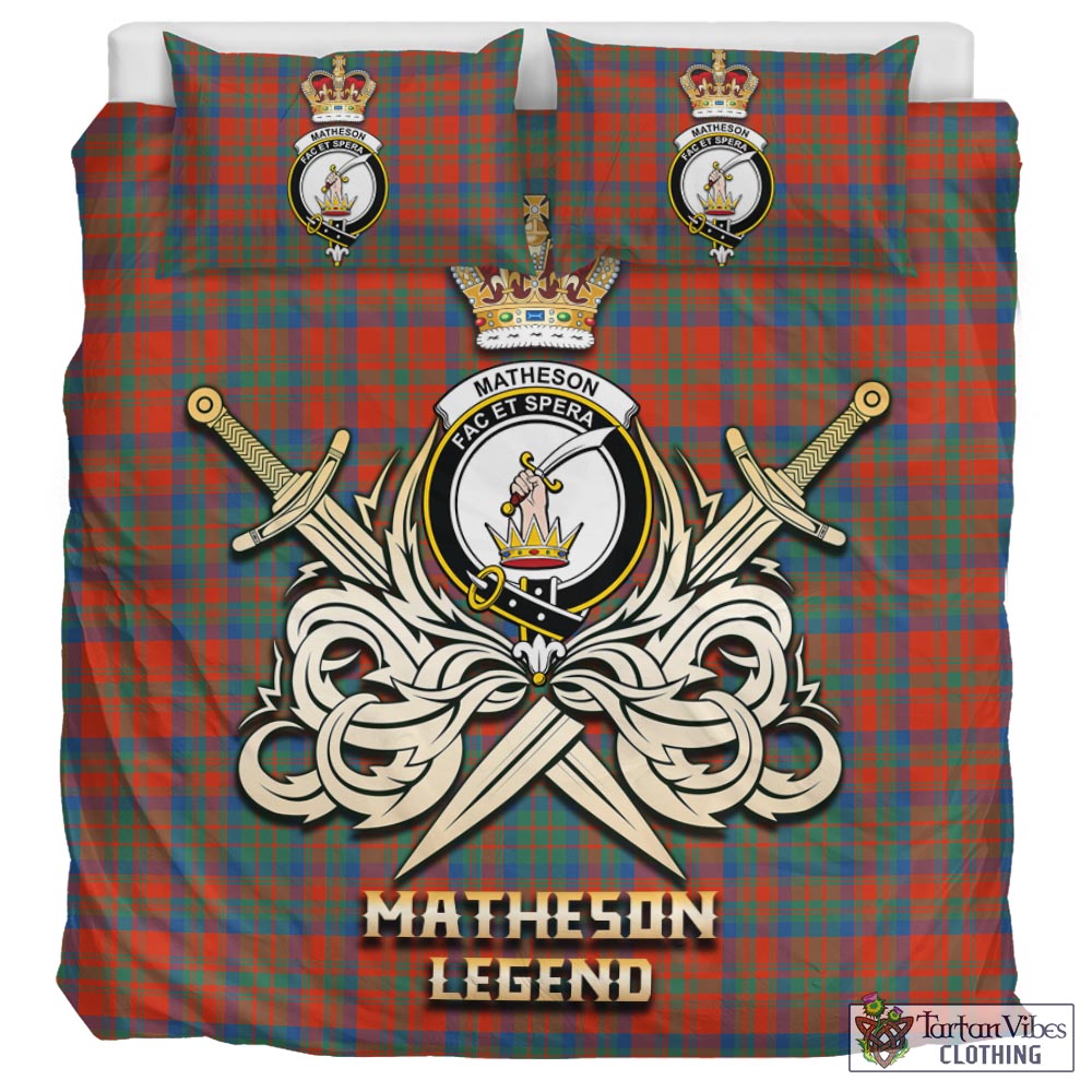 Tartan Vibes Clothing Matheson Ancient Tartan Bedding Set with Clan Crest and the Golden Sword of Courageous Legacy