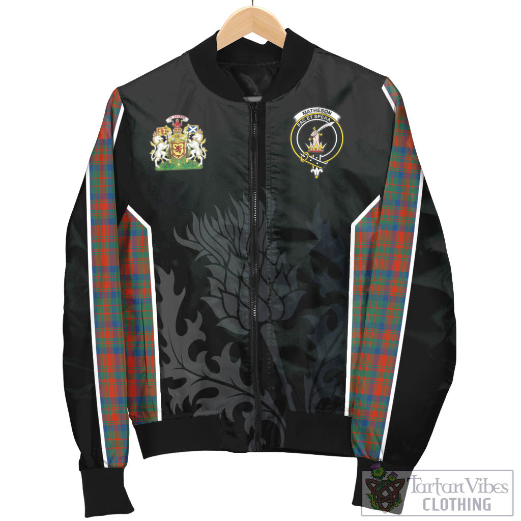 Tartan Vibes Clothing Matheson Ancient Tartan Bomber Jacket with Family Crest and Scottish Thistle Vibes Sport Style