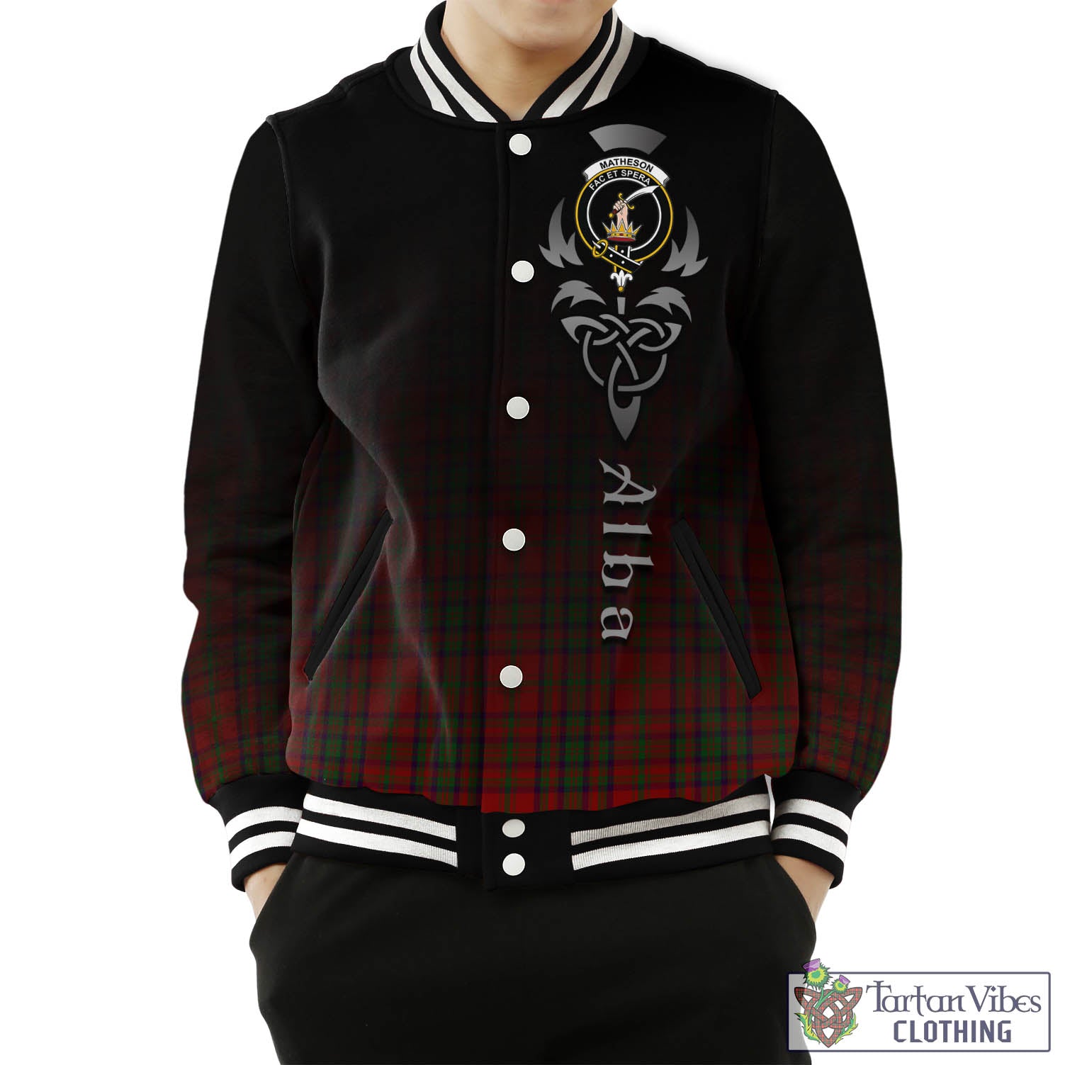 Tartan Vibes Clothing Matheson Dress Tartan Baseball Jacket Featuring Alba Gu Brath Family Crest Celtic Inspired