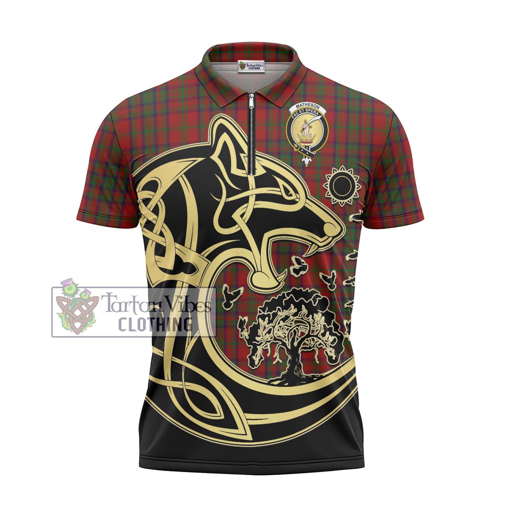 Matheson Dress Tartan Zipper Polo Shirt with Family Crest Celtic Wolf Style - Tartanvibesclothing Shop