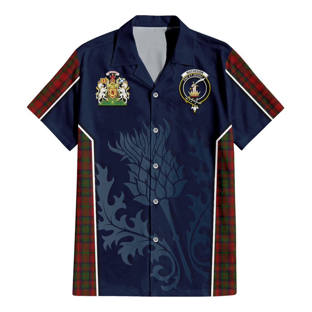 Tartan Vibes Clothing Matheson Dress Tartan Short Sleeve Button Up Shirt with Family Crest and Scottish Thistle Vibes Sport Style