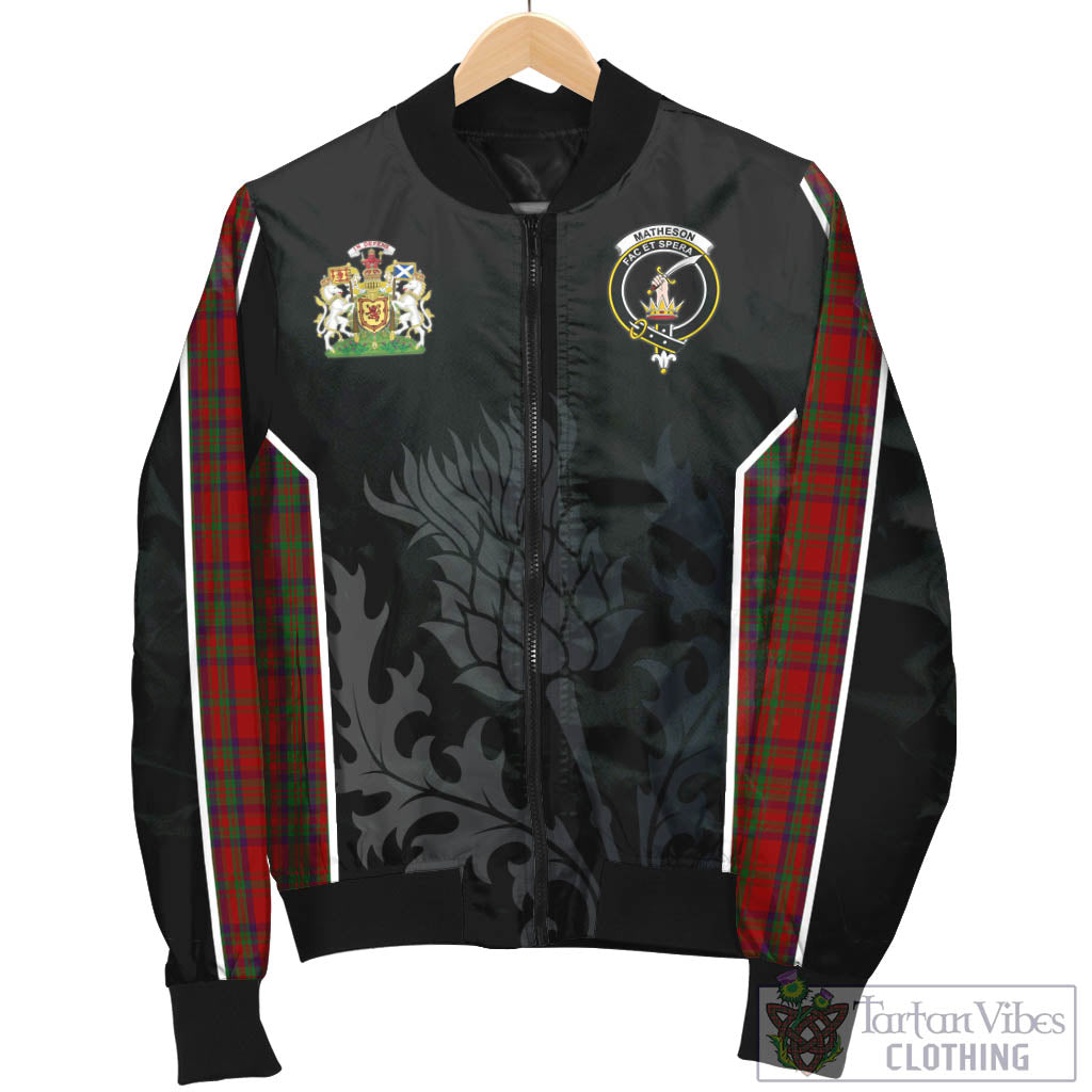 Tartan Vibes Clothing Matheson Dress Tartan Bomber Jacket with Family Crest and Scottish Thistle Vibes Sport Style