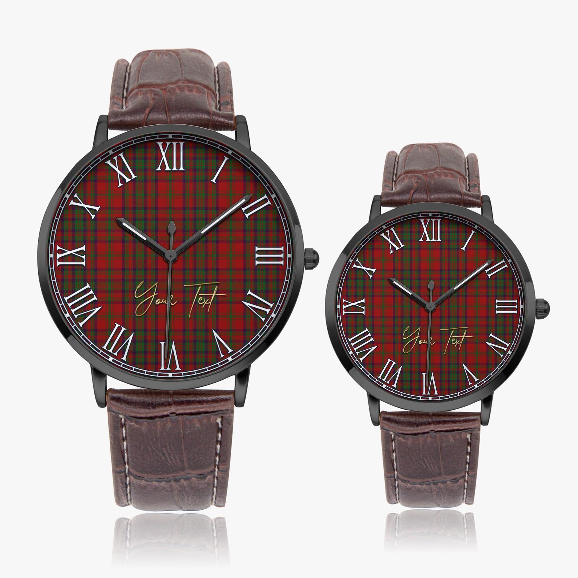 Matheson Dress Tartan Personalized Your Text Leather Trap Quartz Watch Ultra Thin Black Case With Brown Leather Strap - Tartanvibesclothing