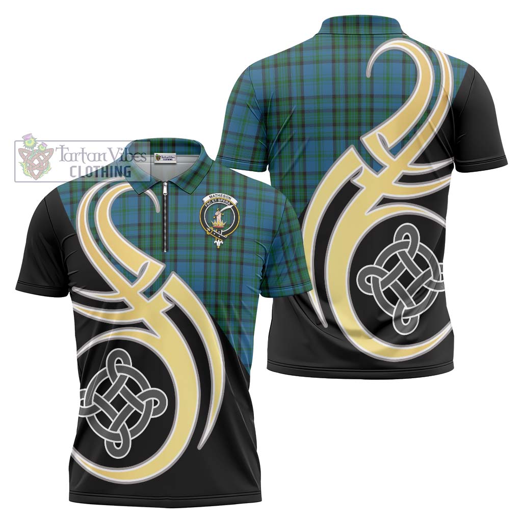 Tartan Vibes Clothing Matheson Hunting Tartan Zipper Polo Shirt with Family Crest and Celtic Symbol Style