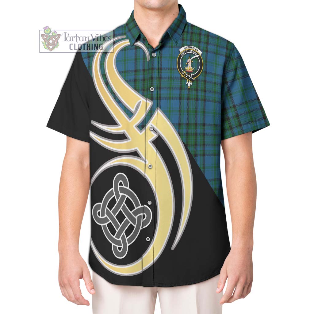 Matheson Hunting Tartan Short Sleeve Button Shirt with Family Crest and Celtic Symbol Style Kid - Tartan Vibes Clothing