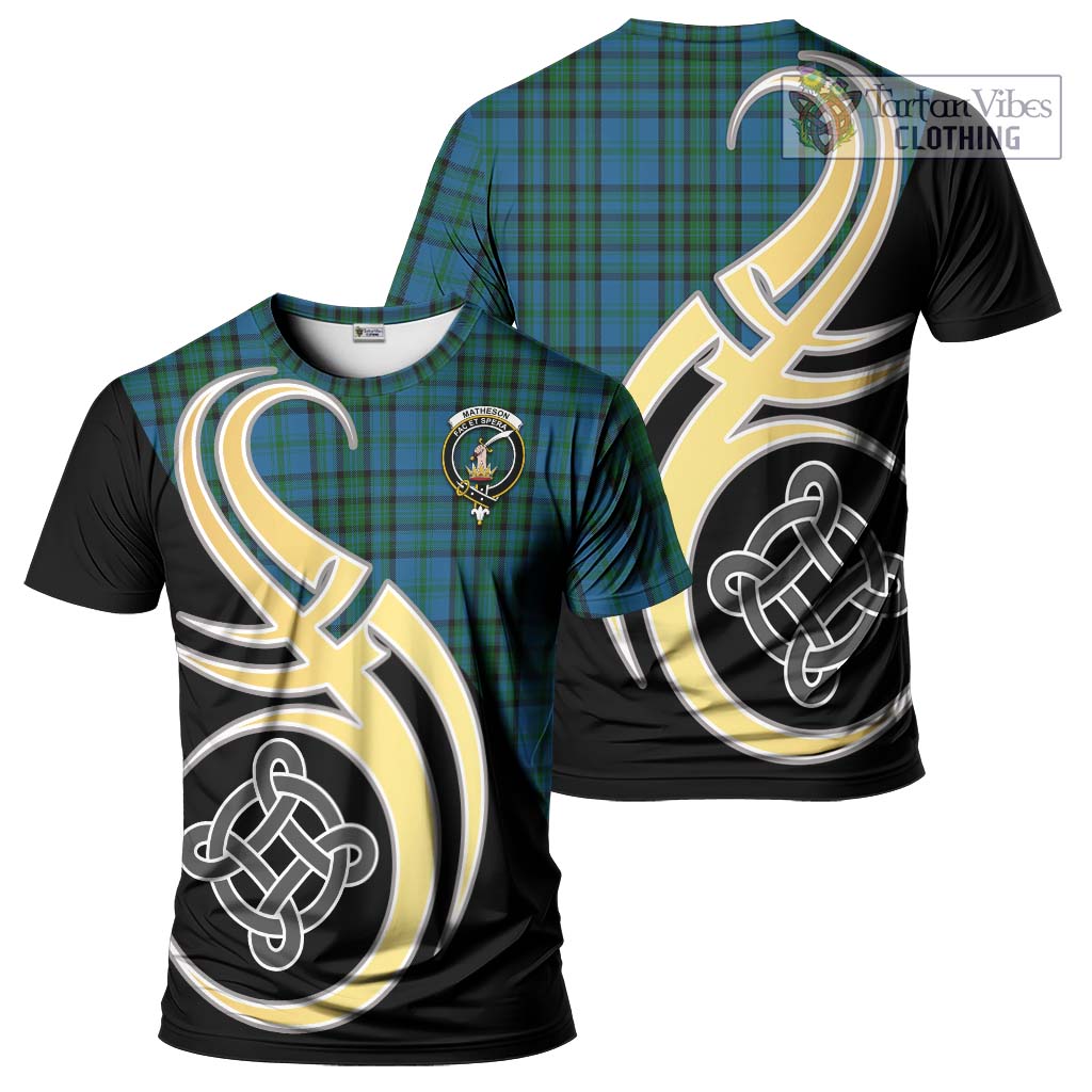 Tartan Vibes Clothing Matheson Hunting Tartan T-Shirt with Family Crest and Celtic Symbol Style