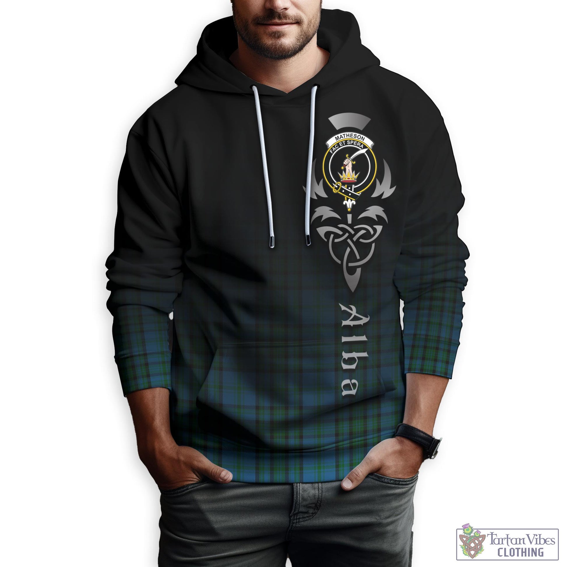 Tartan Vibes Clothing Matheson Hunting Tartan Hoodie Featuring Alba Gu Brath Family Crest Celtic Inspired