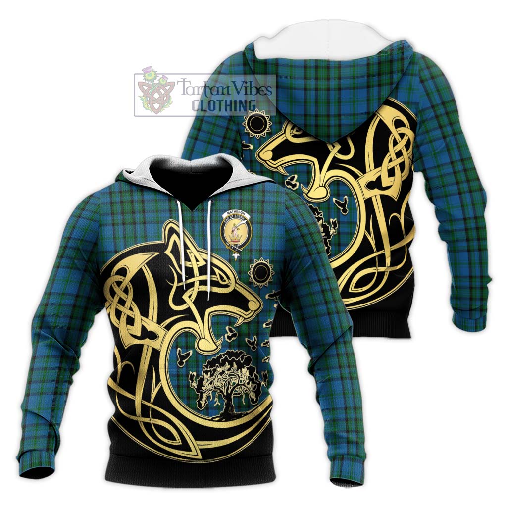 Tartan Vibes Clothing Matheson Hunting Tartan Knitted Hoodie with Family Crest Celtic Wolf Style