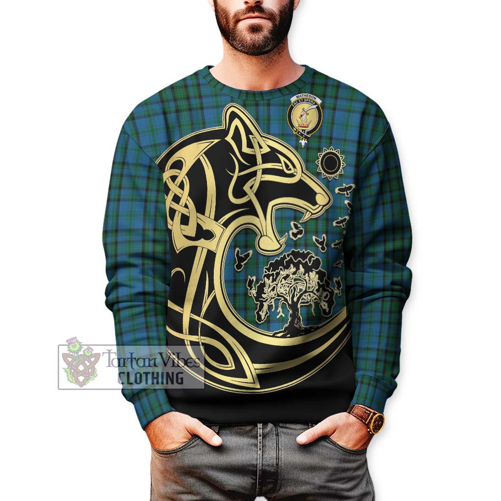 Matheson Hunting Tartan Sweatshirt with Family Crest Celtic Wolf Style Unisex - Tartan Vibes Clothing