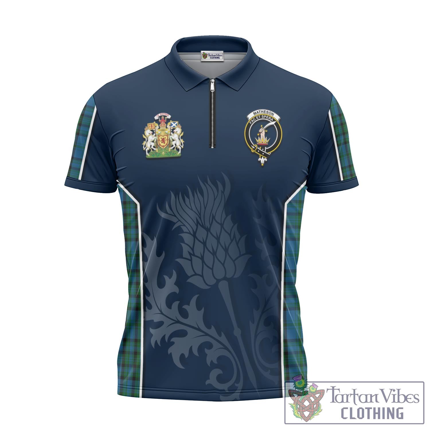 Tartan Vibes Clothing Matheson Hunting Tartan Zipper Polo Shirt with Family Crest and Scottish Thistle Vibes Sport Style