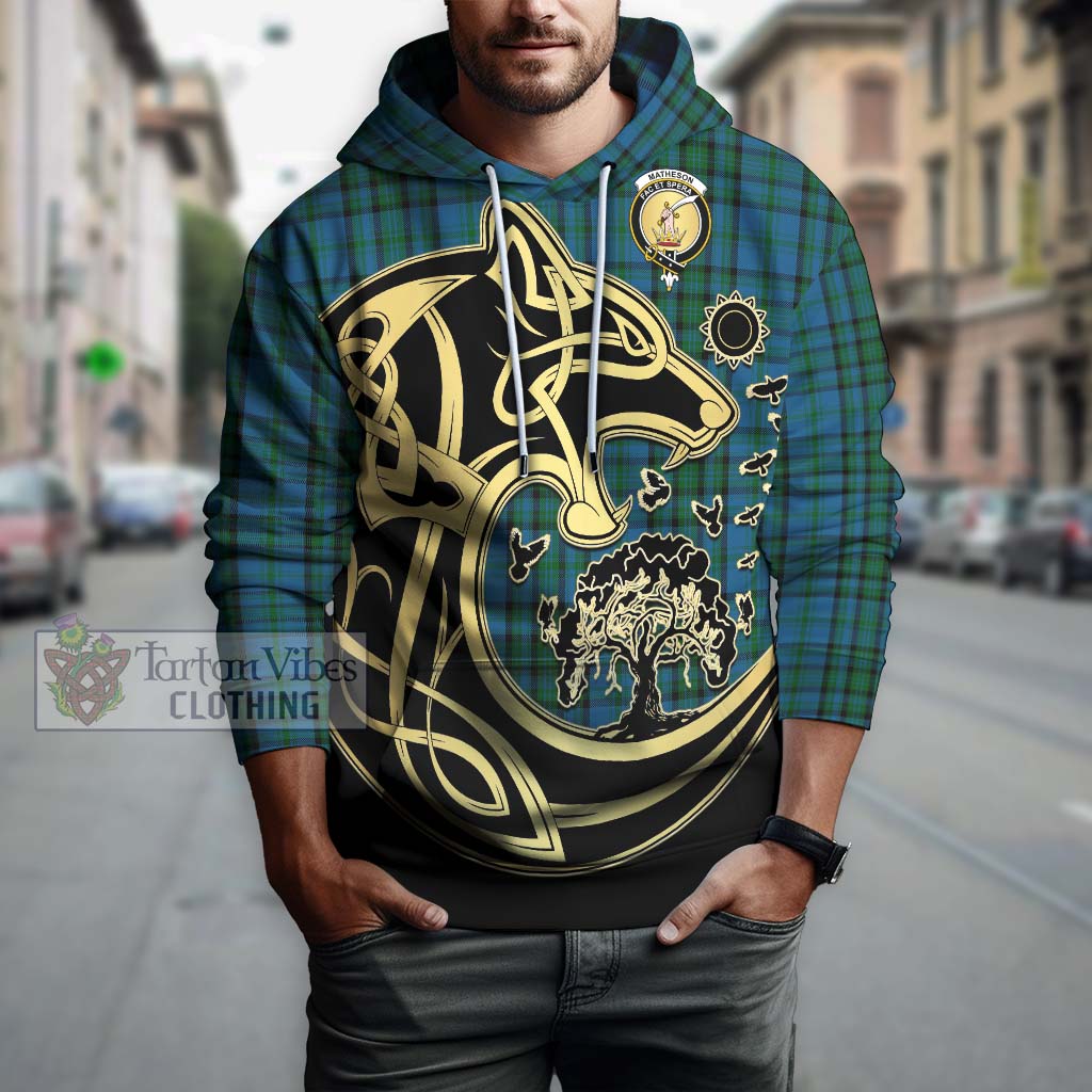 Tartan Vibes Clothing Matheson Hunting Tartan Hoodie with Family Crest Celtic Wolf Style