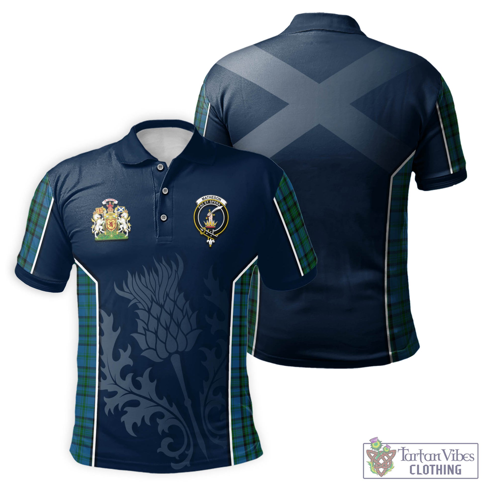 Tartan Vibes Clothing Matheson Hunting Tartan Men's Polo Shirt with Family Crest and Scottish Thistle Vibes Sport Style