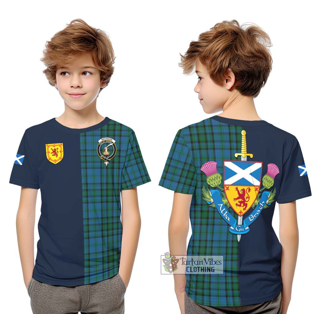 Tartan Vibes Clothing Matheson Hunting Tartan Kid T-Shirt with Scottish Lion Royal Arm Half Style