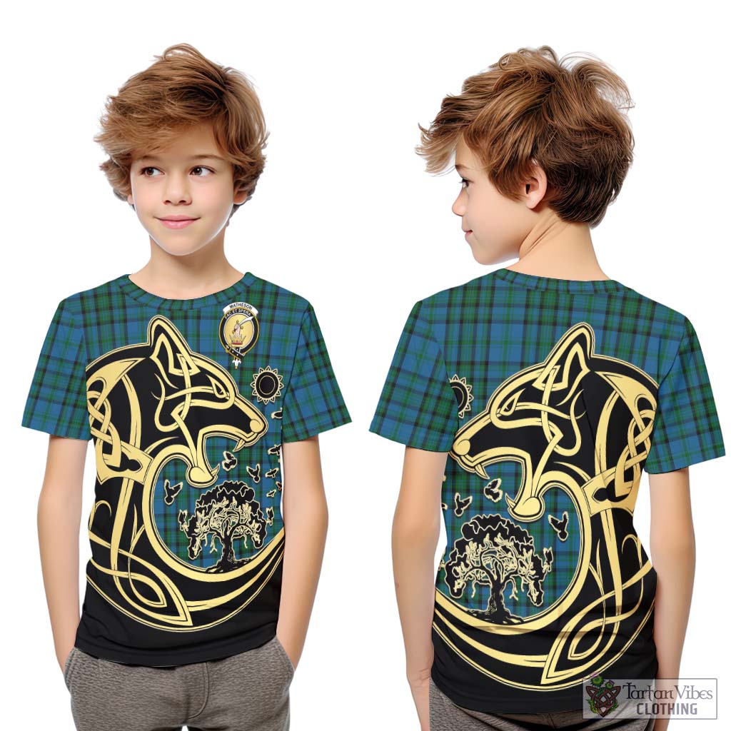 Tartan Vibes Clothing Matheson Hunting Tartan Kid T-Shirt with Family Crest Celtic Wolf Style
