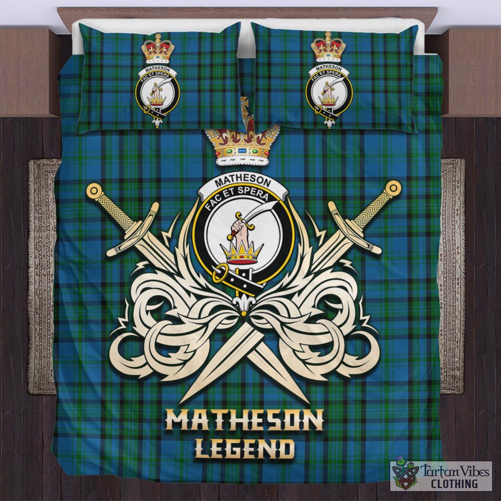 Tartan Vibes Clothing Matheson Hunting Tartan Bedding Set with Clan Crest and the Golden Sword of Courageous Legacy