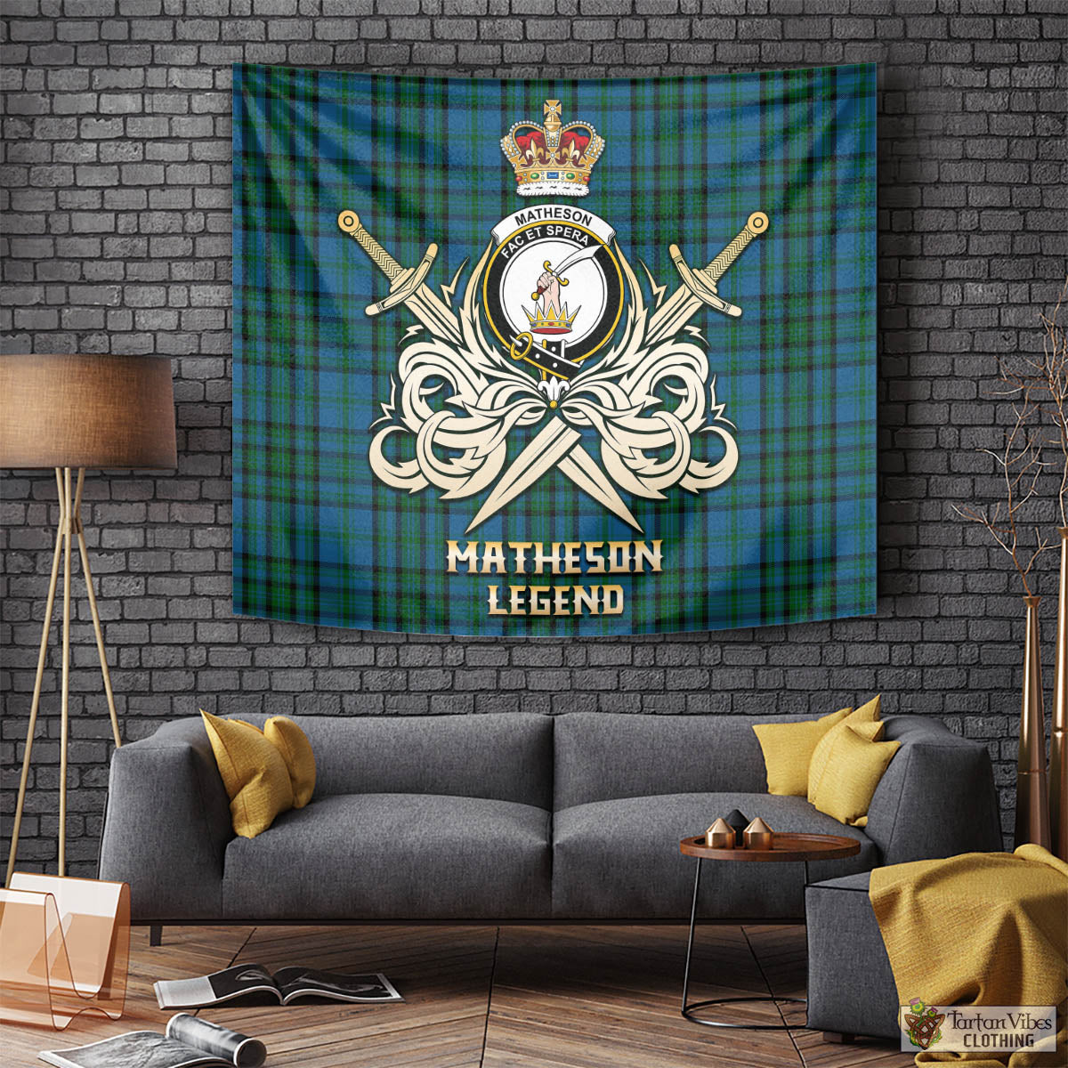 Tartan Vibes Clothing Matheson Hunting Tartan Tapestry with Clan Crest and the Golden Sword of Courageous Legacy