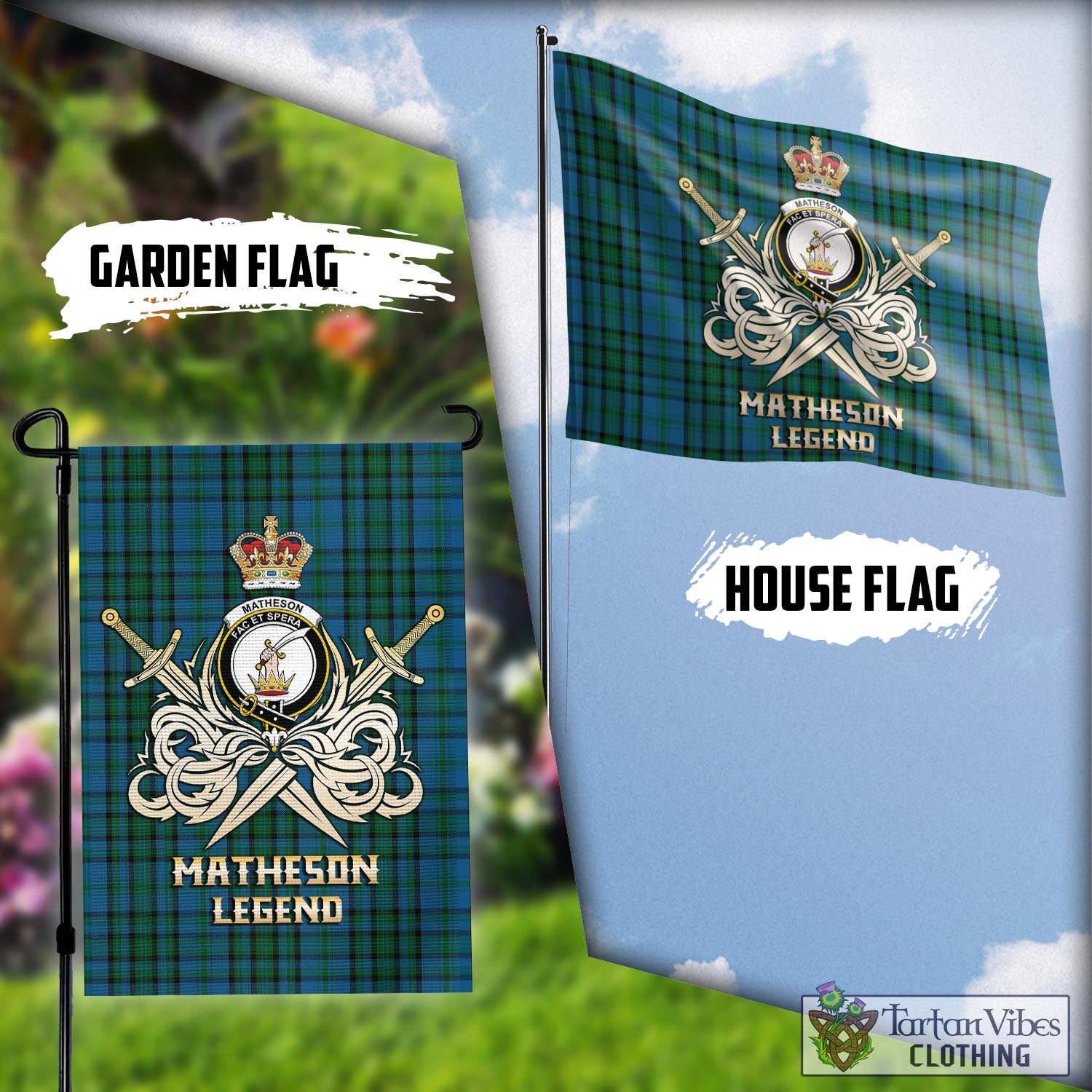 Tartan Vibes Clothing Matheson Hunting Tartan Flag with Clan Crest and the Golden Sword of Courageous Legacy