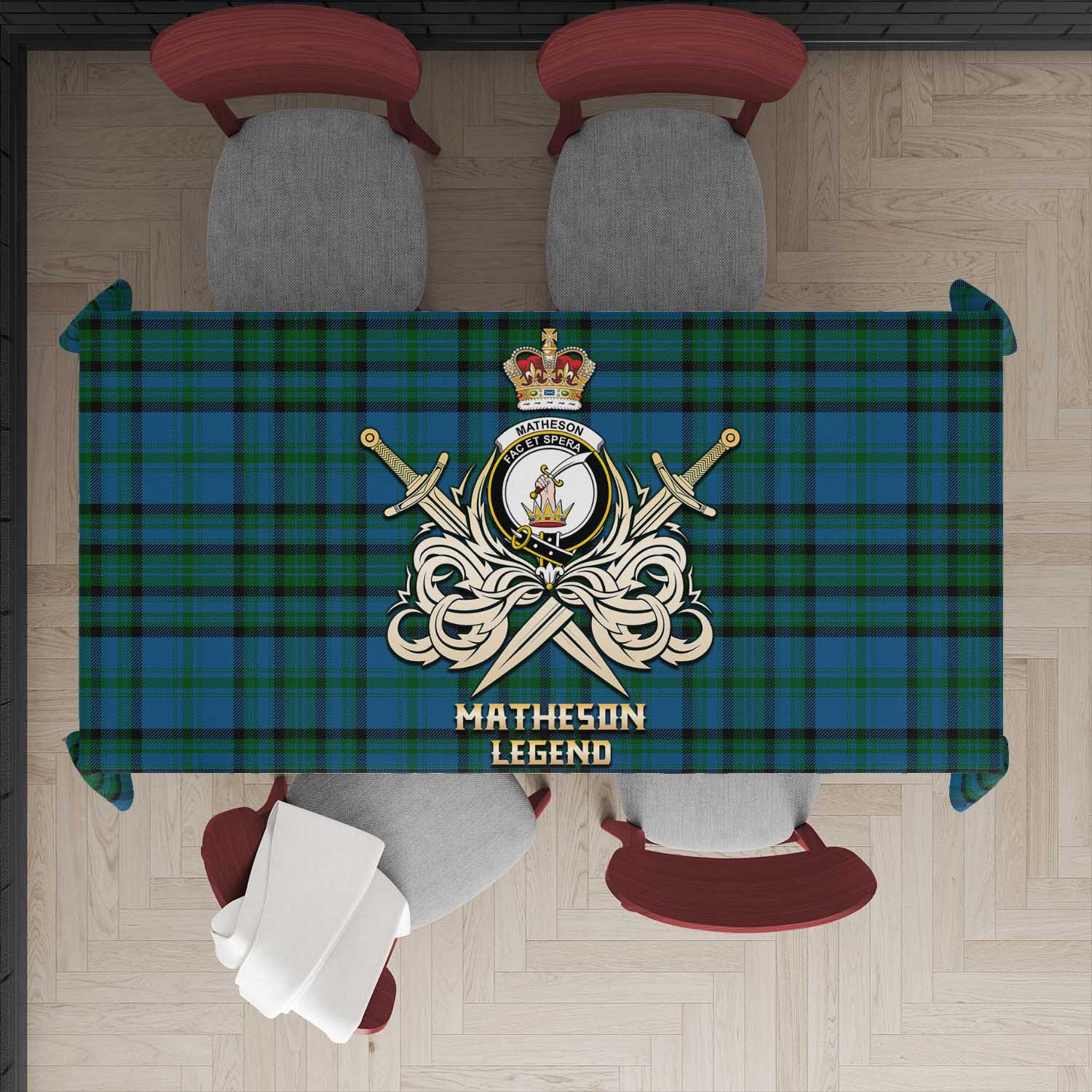 Tartan Vibes Clothing Matheson Hunting Tartan Tablecloth with Clan Crest and the Golden Sword of Courageous Legacy