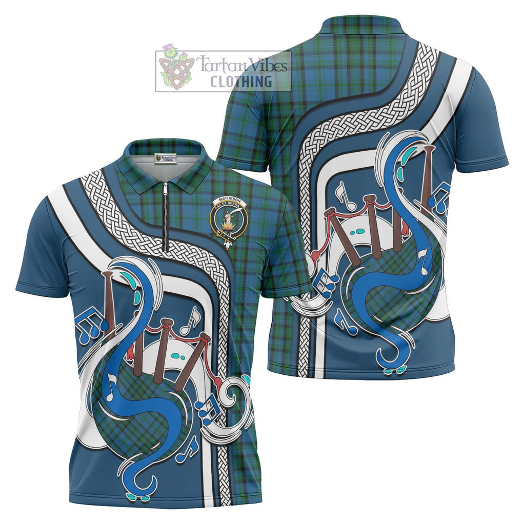 Matheson Hunting Tartan Zipper Polo Shirt with Epic Bagpipe Style Unisex - Tartanvibesclothing Shop