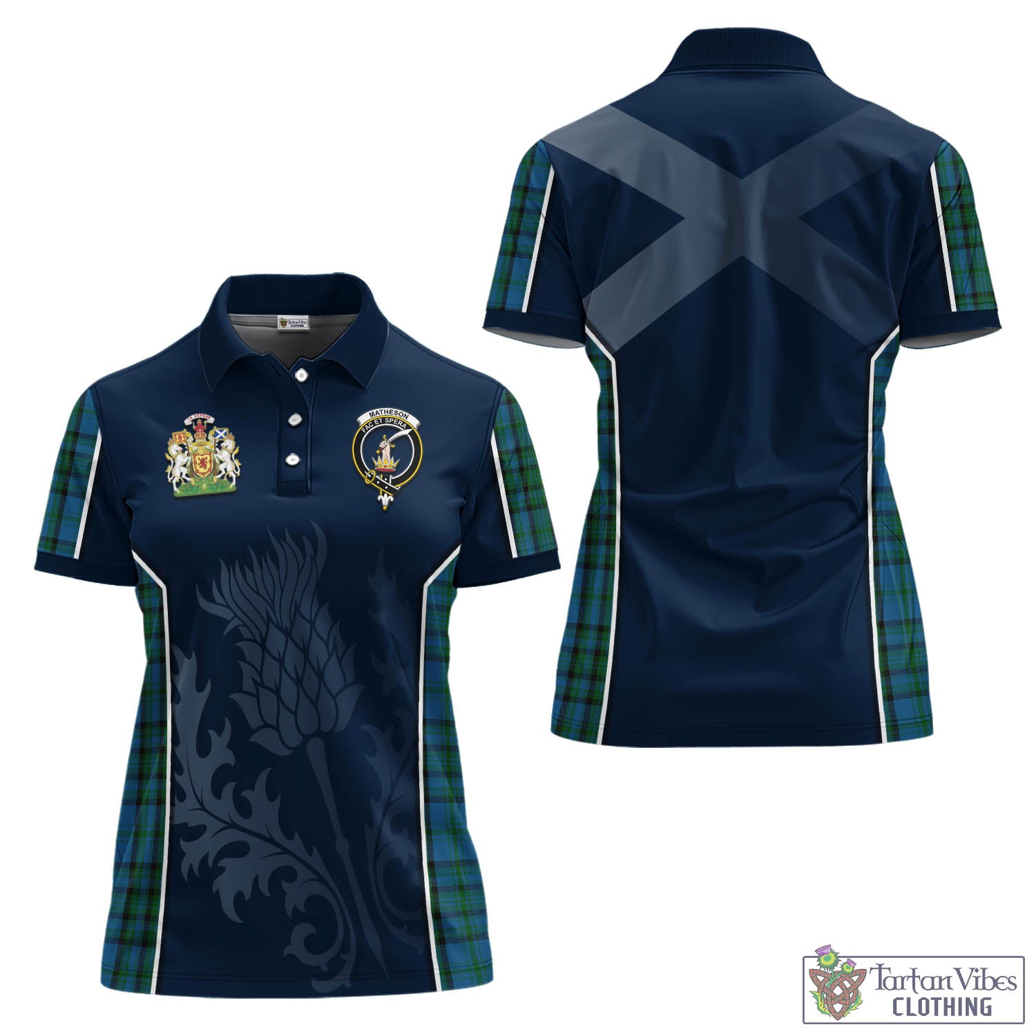 Tartan Vibes Clothing Matheson Hunting Tartan Women's Polo Shirt with Family Crest and Scottish Thistle Vibes Sport Style