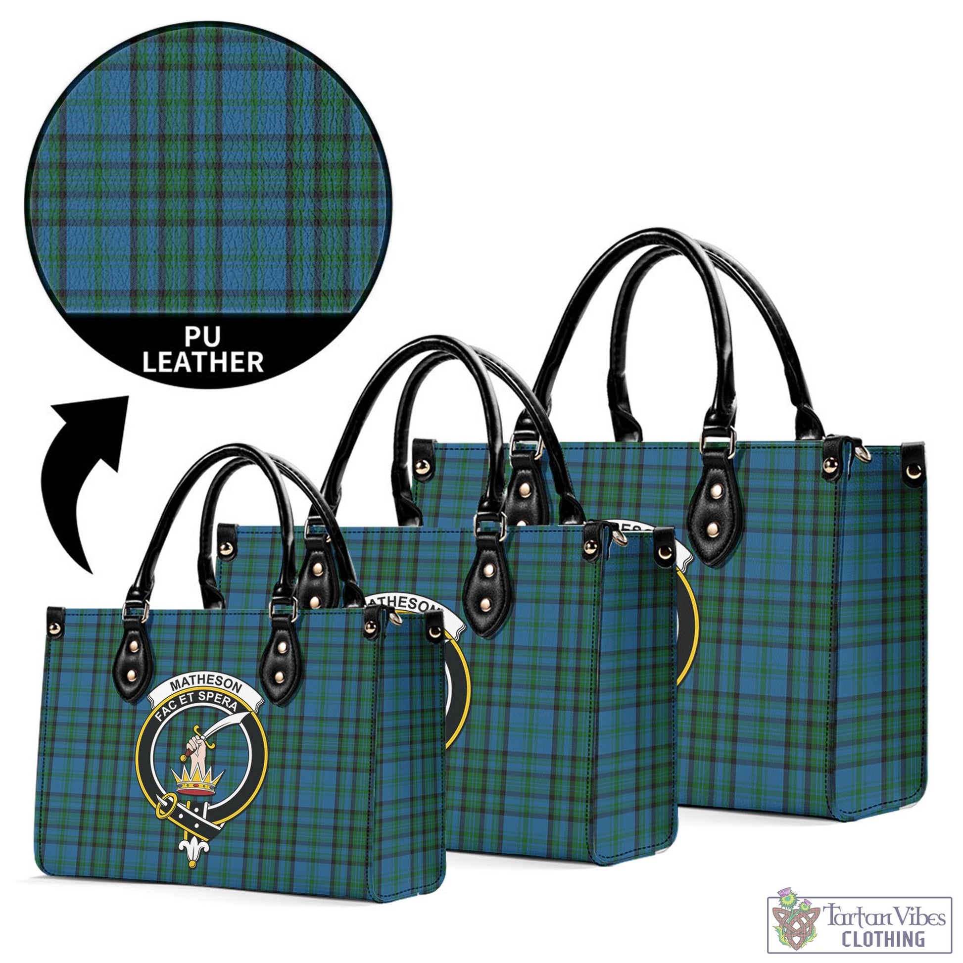 Tartan Vibes Clothing Matheson Hunting Tartan Luxury Leather Handbags with Family Crest