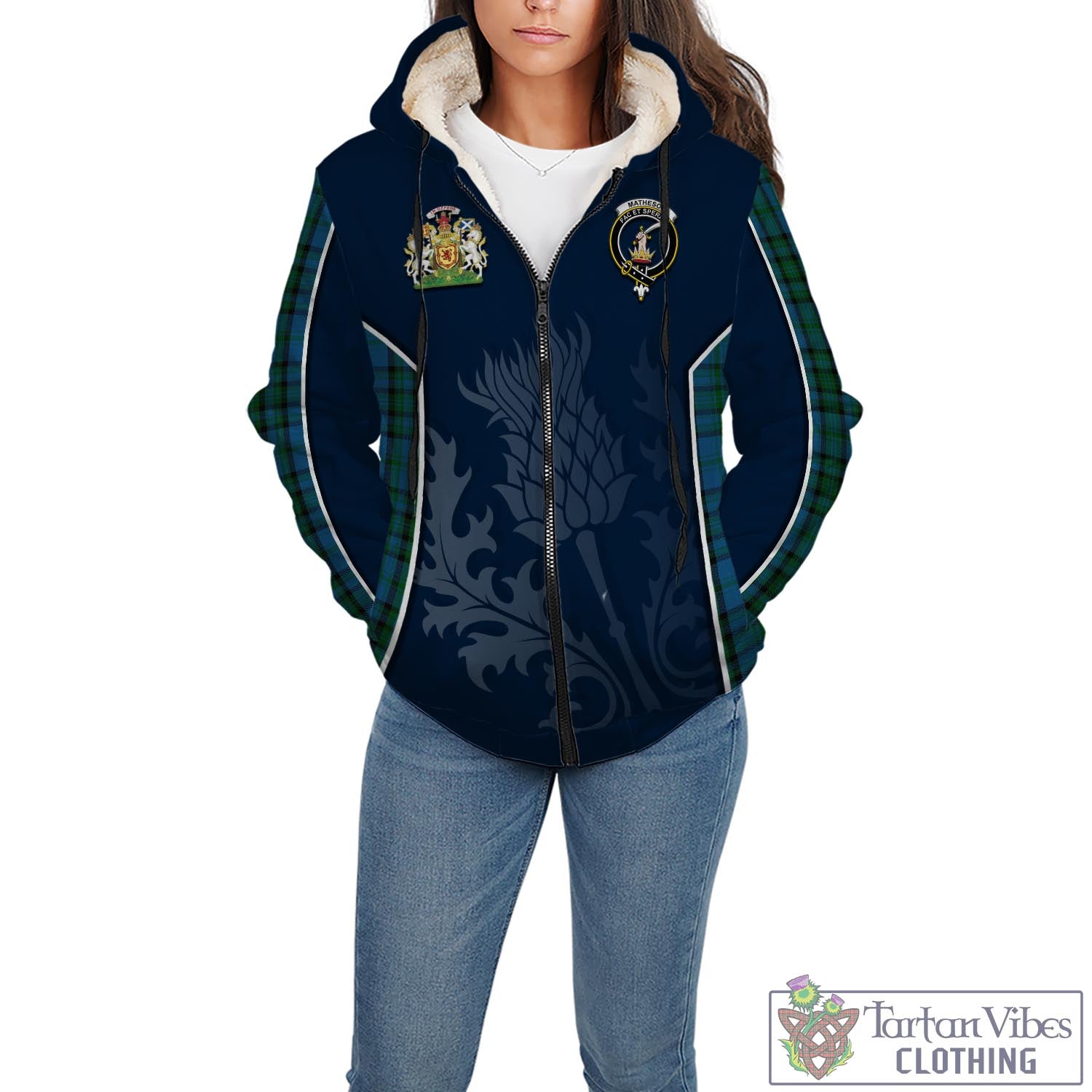 Tartan Vibes Clothing Matheson Hunting Tartan Sherpa Hoodie with Family Crest and Scottish Thistle Vibes Sport Style