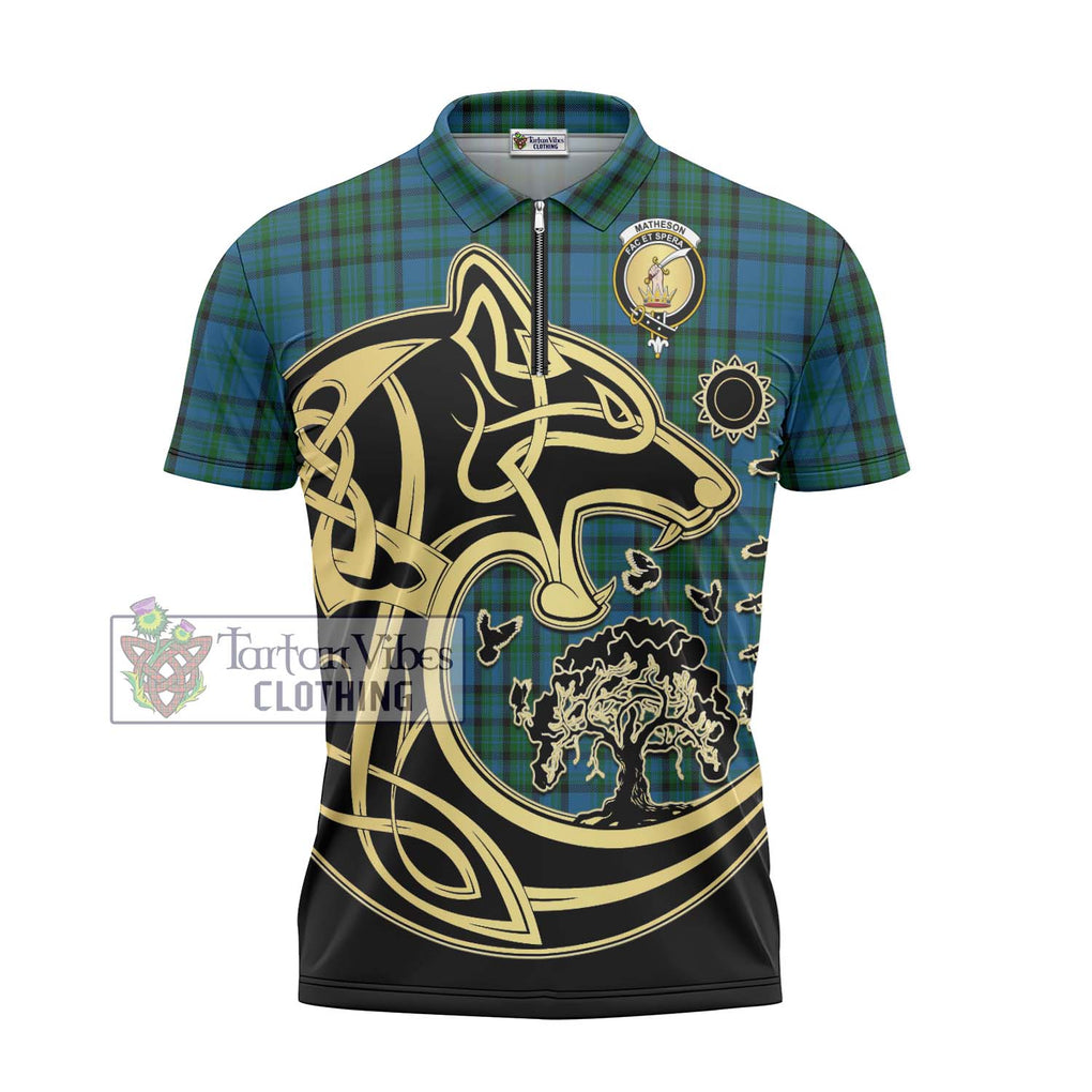 Matheson Hunting Tartan Zipper Polo Shirt with Family Crest Celtic Wolf Style - Tartanvibesclothing Shop