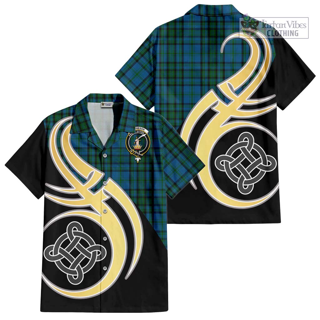 Matheson Hunting Tartan Short Sleeve Button Shirt with Family Crest and Celtic Symbol Style - Tartan Vibes Clothing