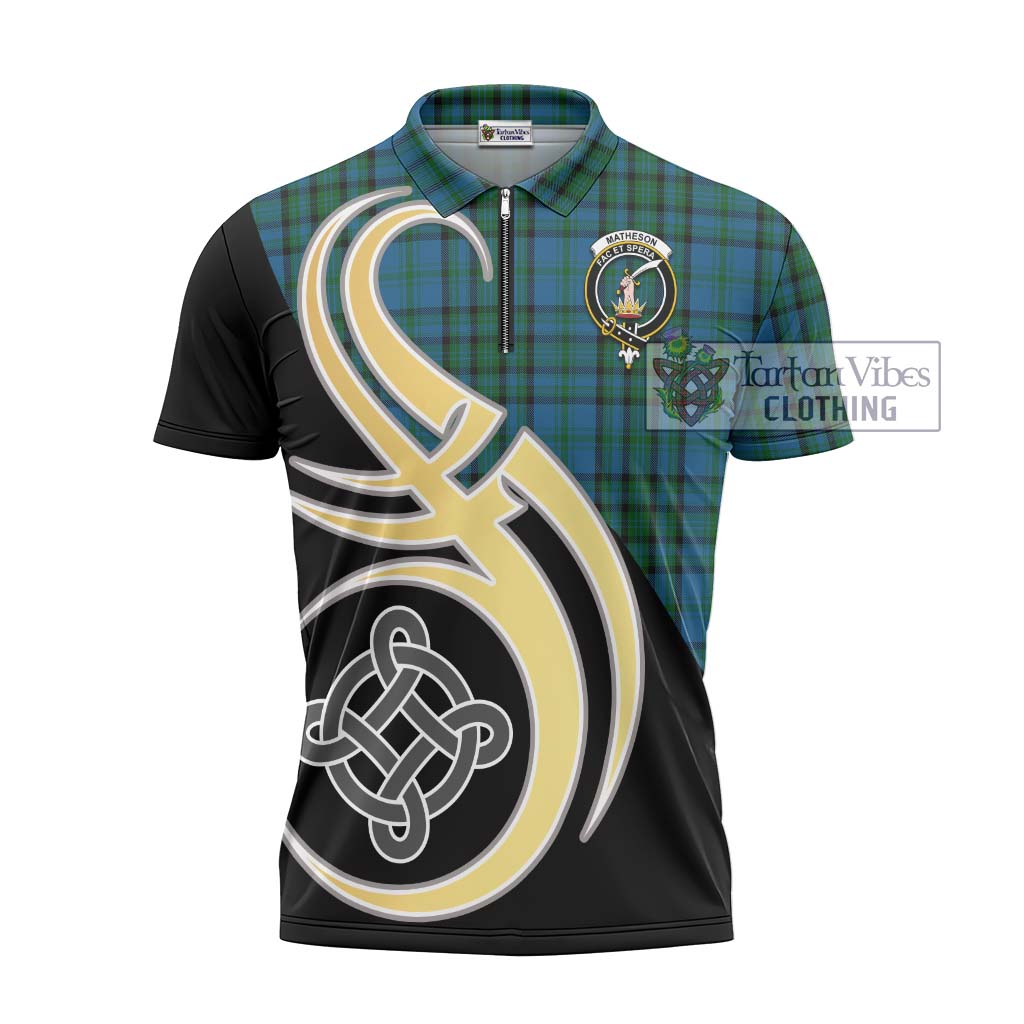 Tartan Vibes Clothing Matheson Hunting Tartan Zipper Polo Shirt with Family Crest and Celtic Symbol Style