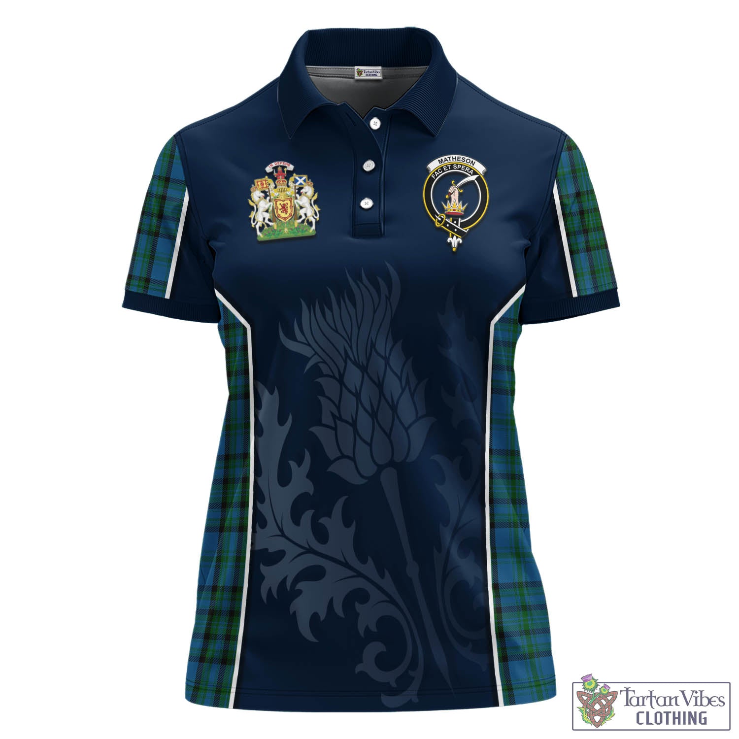 Tartan Vibes Clothing Matheson Hunting Tartan Women's Polo Shirt with Family Crest and Scottish Thistle Vibes Sport Style