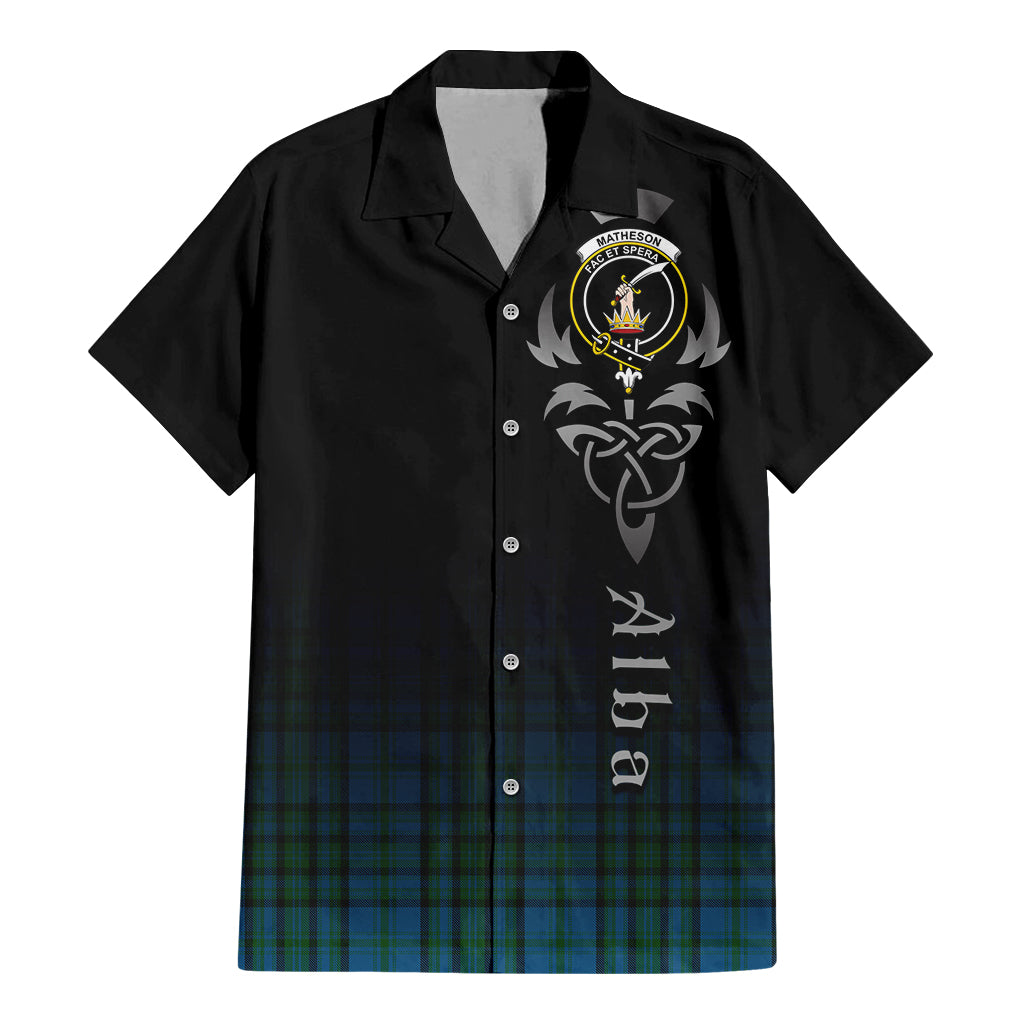 Tartan Vibes Clothing Matheson Hunting Tartan Short Sleeve Button Up Featuring Alba Gu Brath Family Crest Celtic Inspired