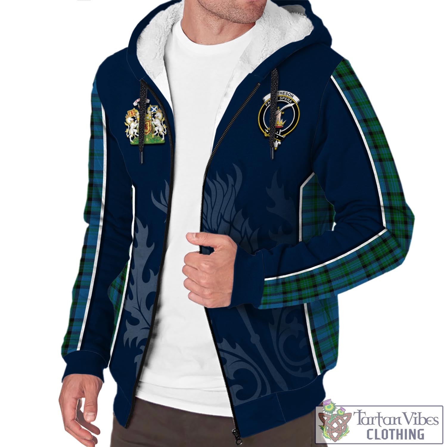 Tartan Vibes Clothing Matheson Hunting Tartan Sherpa Hoodie with Family Crest and Scottish Thistle Vibes Sport Style