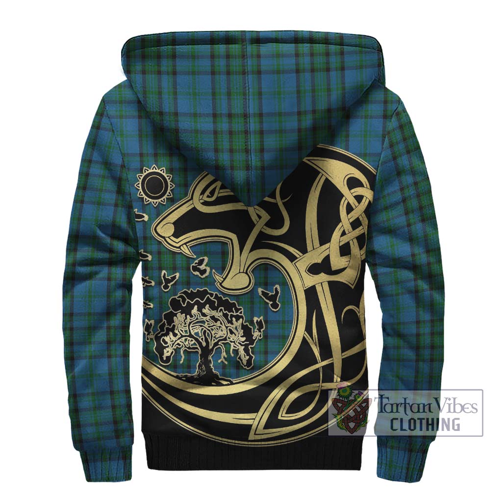 Tartan Vibes Clothing Matheson Hunting Tartan Sherpa Hoodie with Family Crest Celtic Wolf Style
