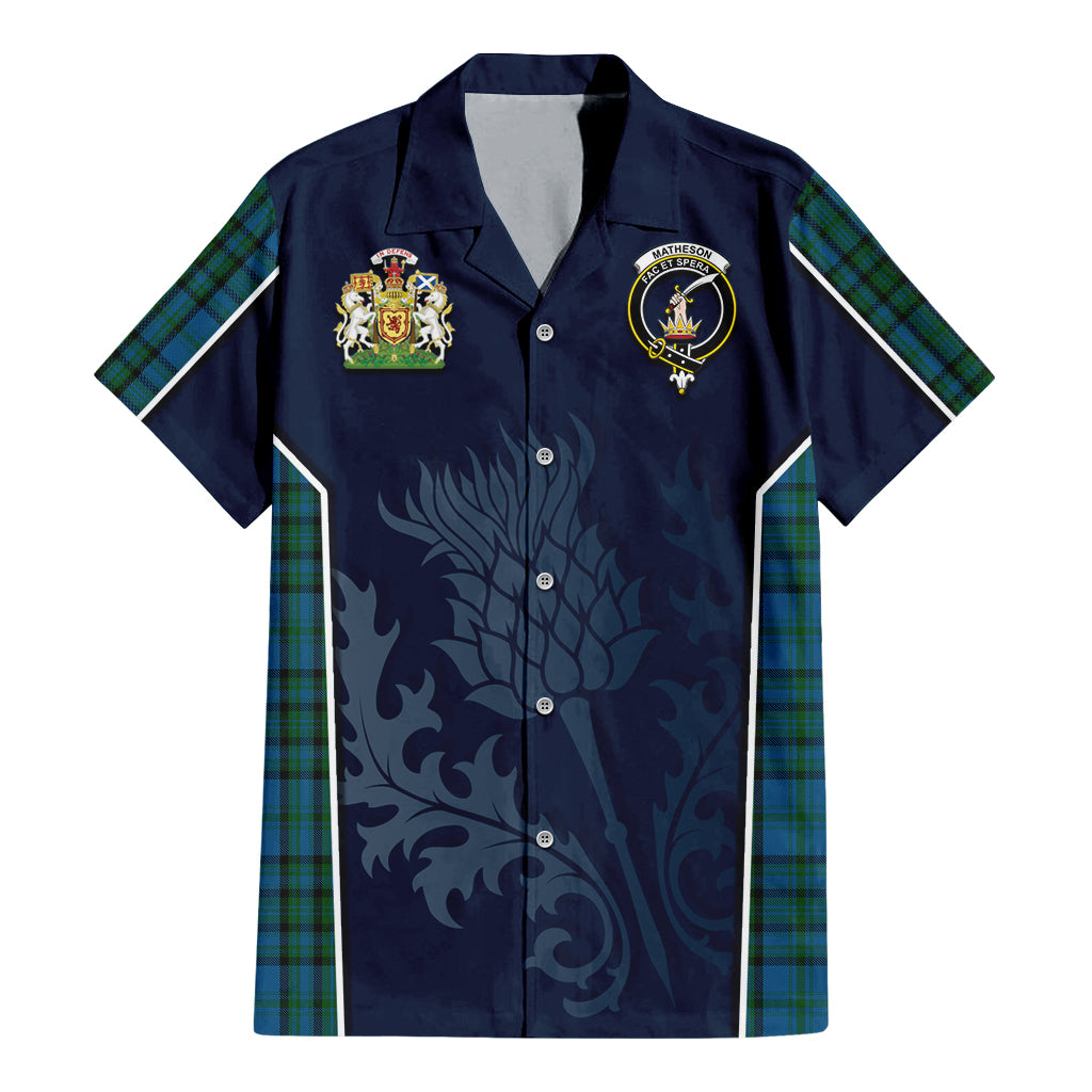 Tartan Vibes Clothing Matheson Hunting Tartan Short Sleeve Button Up Shirt with Family Crest and Scottish Thistle Vibes Sport Style