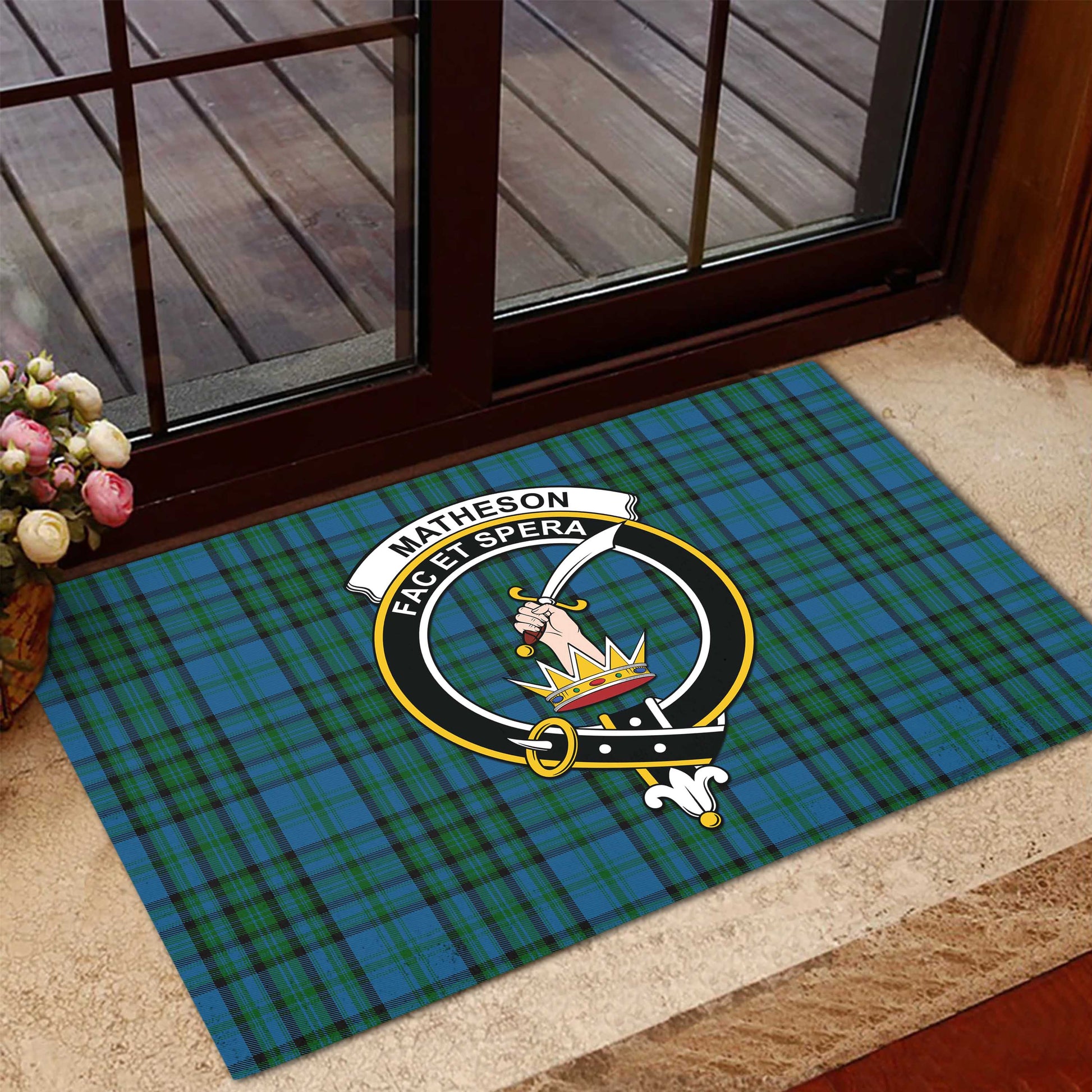 Matheson Hunting Tartan Door Mat with Family Crest - Tartanvibesclothing