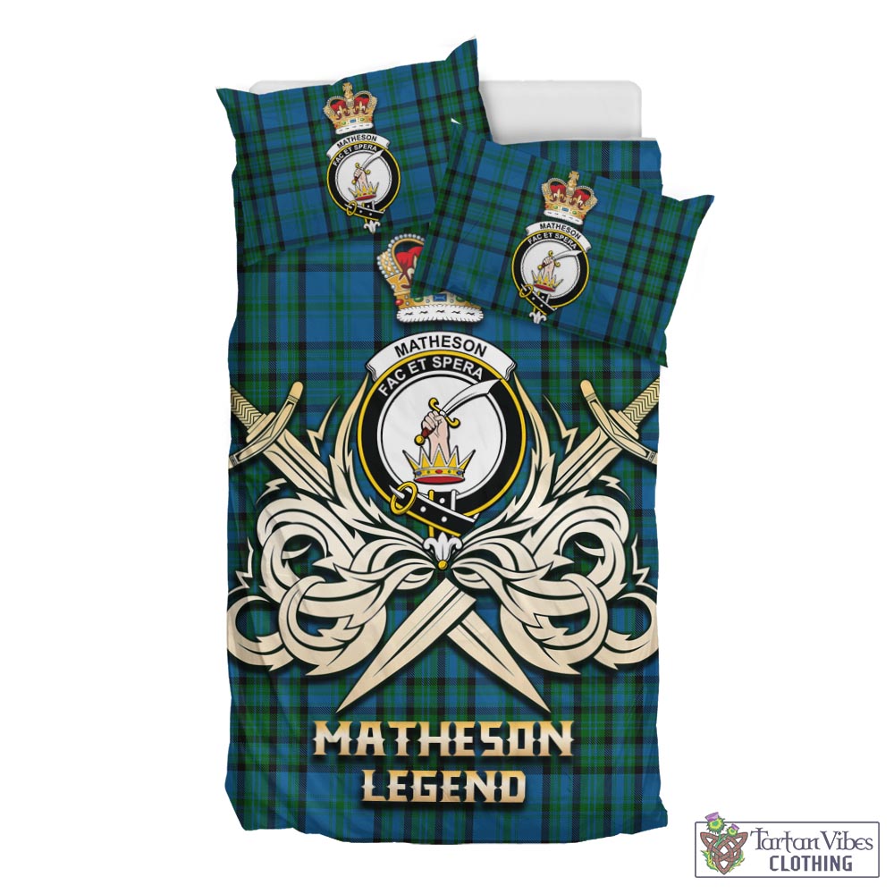 Tartan Vibes Clothing Matheson Hunting Tartan Bedding Set with Clan Crest and the Golden Sword of Courageous Legacy