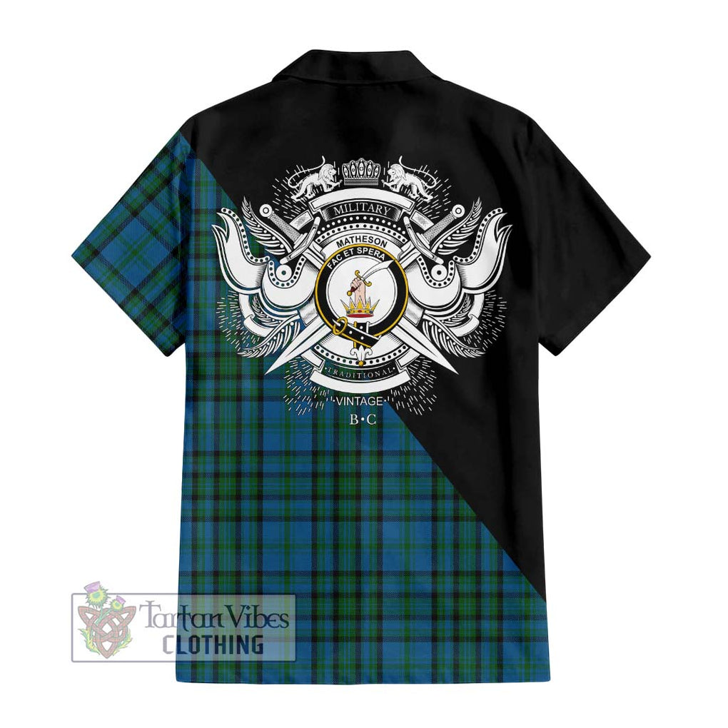 Matheson Hunting Tartan Short Sleeve Button Shirt with Family Crest and Military Logo Style - Tartanvibesclothing Shop