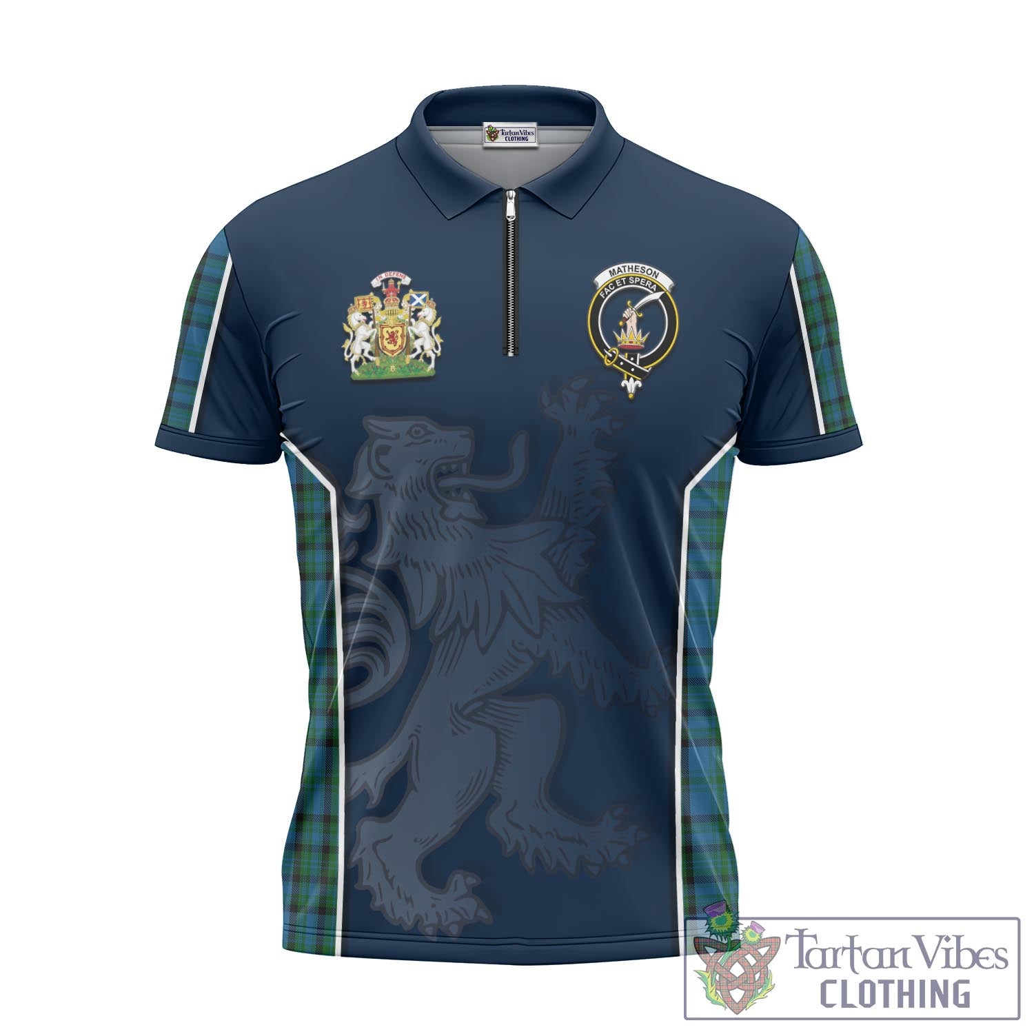 Tartan Vibes Clothing Matheson Hunting Tartan Zipper Polo Shirt with Family Crest and Lion Rampant Vibes Sport Style