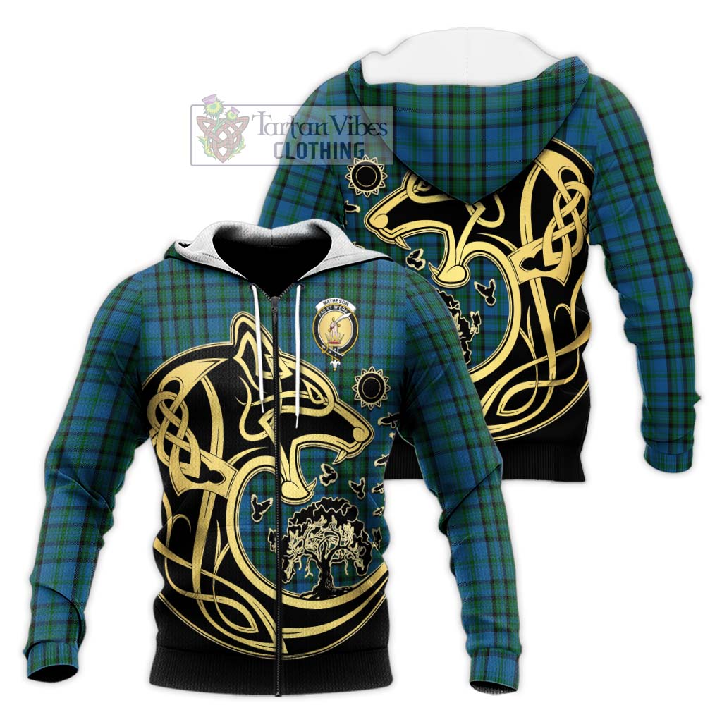 Tartan Vibes Clothing Matheson Hunting Tartan Knitted Hoodie with Family Crest Celtic Wolf Style