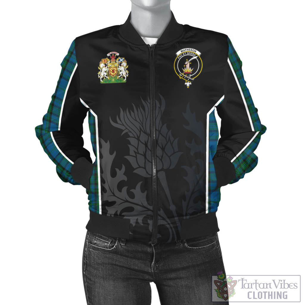 Tartan Vibes Clothing Matheson Hunting Tartan Bomber Jacket with Family Crest and Scottish Thistle Vibes Sport Style