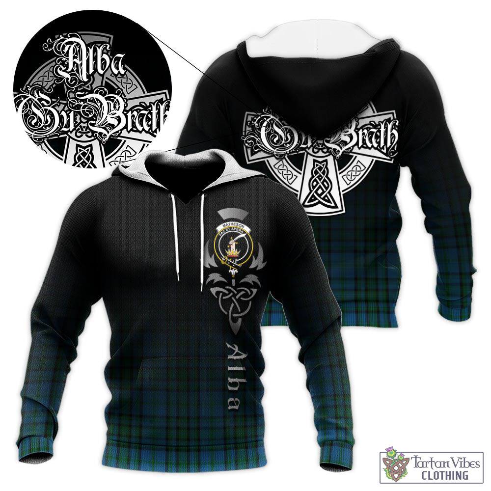 Tartan Vibes Clothing Matheson Hunting Tartan Knitted Hoodie Featuring Alba Gu Brath Family Crest Celtic Inspired