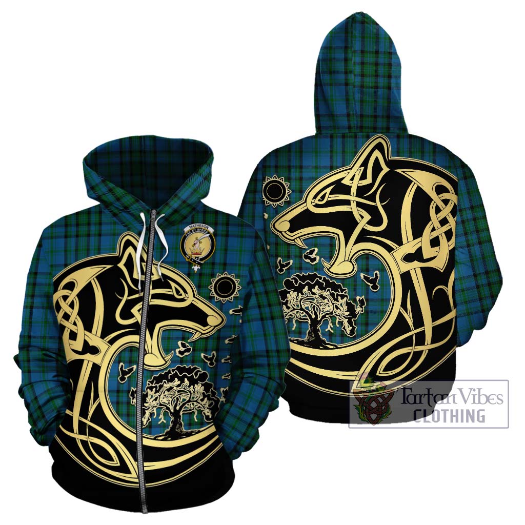 Tartan Vibes Clothing Matheson Hunting Tartan Hoodie with Family Crest Celtic Wolf Style