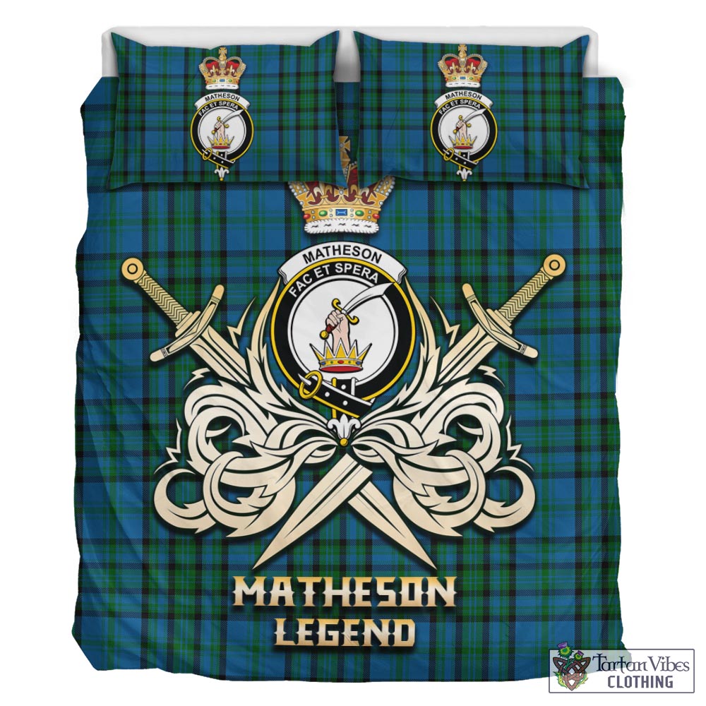 Tartan Vibes Clothing Matheson Hunting Tartan Bedding Set with Clan Crest and the Golden Sword of Courageous Legacy