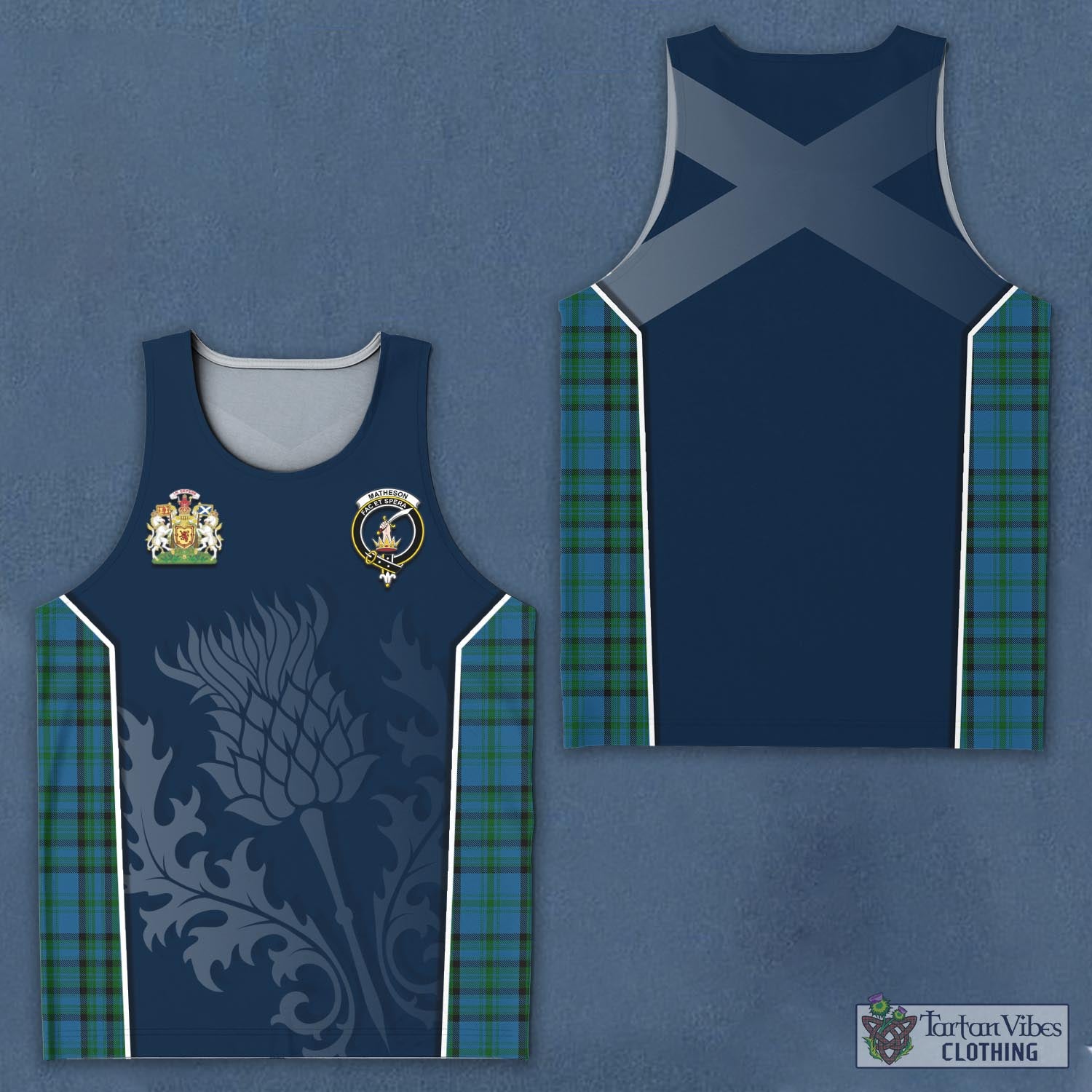Tartan Vibes Clothing Matheson Hunting Tartan Men's Tanks Top with Family Crest and Scottish Thistle Vibes Sport Style