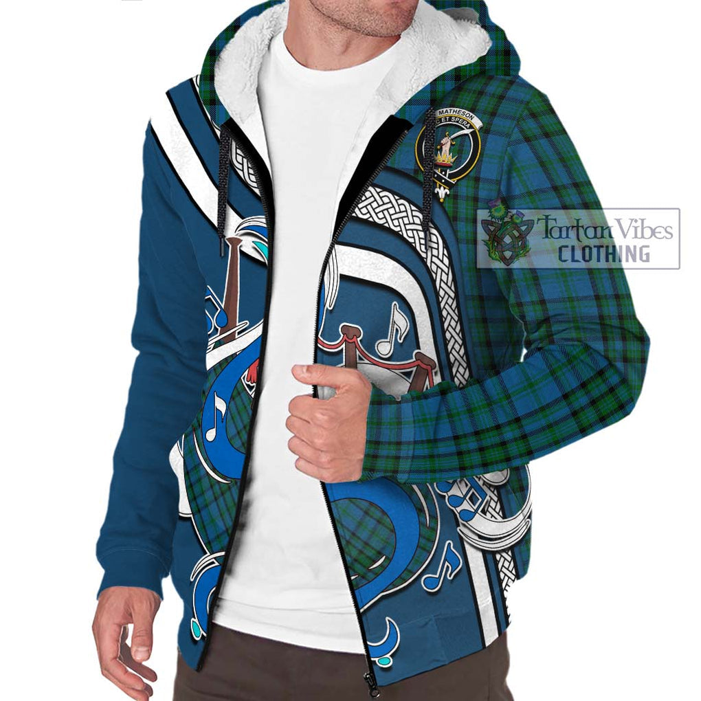 Matheson Hunting Tartan Sherpa Hoodie with Epic Bagpipe Style Unisex - Tartanvibesclothing Shop