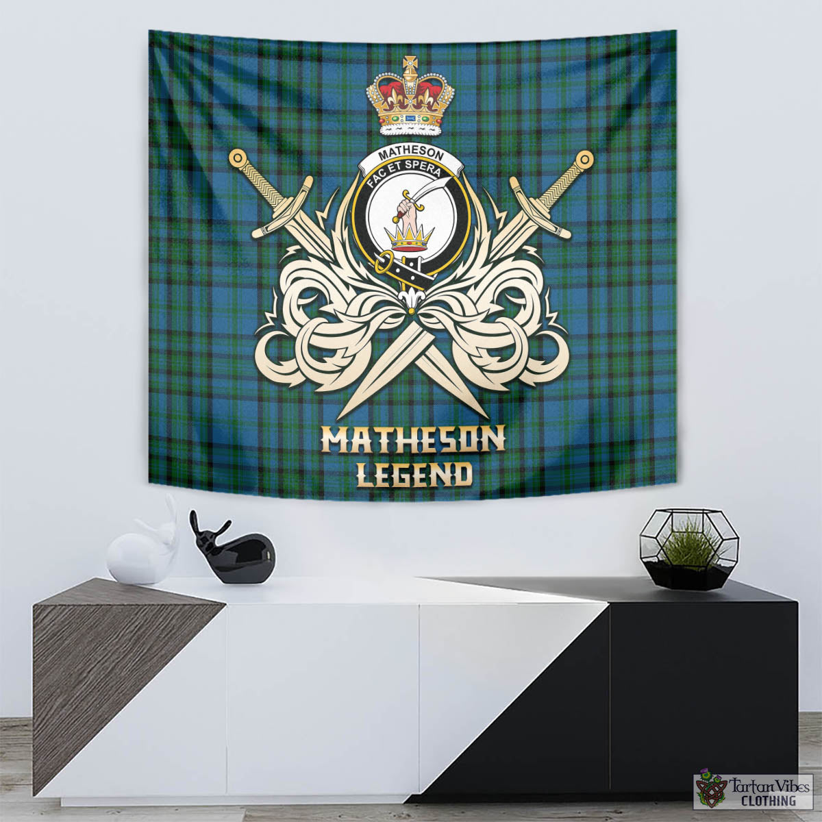 Tartan Vibes Clothing Matheson Hunting Tartan Tapestry with Clan Crest and the Golden Sword of Courageous Legacy