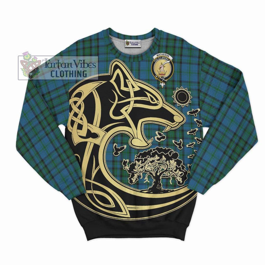 Matheson Hunting Tartan Sweatshirt with Family Crest Celtic Wolf Style - Tartan Vibes Clothing